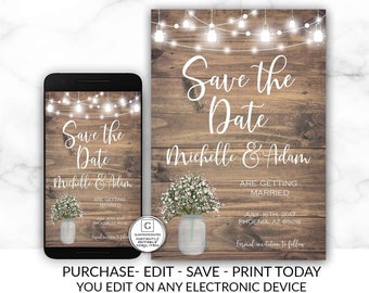 Rustic Save-The-Dates, Printable Rustic Save the Date Template, Save the Date, Rustic Wedding, Mason Jar, Printable Save the Date Template