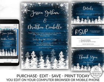 Printable Winter Wedding Invitation, Rustic Wood Snowflake, Pine Tree Wedding Invitation Template, Wedding Printable, Instant Download, DIY