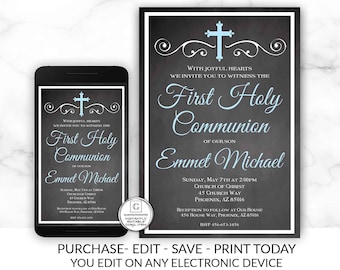 First Communion Invitation Template, Boy First Communion Invitation, First Communion Invitation, Editable, Printable, Instant Download