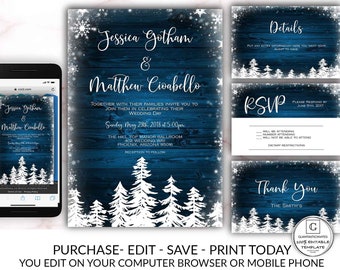 Printable Winter Wedding Invitation, Rustic  Wood Snowflake Pine Tree Wedding Invitation Template, Wedding Printable, Instant Download, DIY