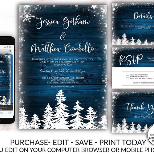 Pine Tree Wedding Invitation Template Set Casual Printable - Etsy