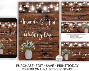 Printable Rustic Wedding Invitation, Country Wedding Invitation, DIY Instant Download, Wedding Invitation Suite, Wedding Invitation Template