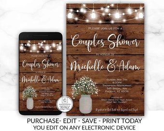 Rustic Couples Shower Invitation Country Couples Shower Invite Editable Printable Electronic Western Online DIY Cheap Wedding Shower Invite