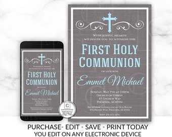 First Communion Invitation Boy, Boy First Communion Invitation, First Communion Invitation Printable, You Edit, DIY, Edit, INSTANT DOWNLOAD