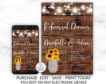 Sunflower Rehearsal Dinner Printable Invitation, Editable Rustic Country Farmhouse Invitation, Wedding Rehearsal Template, Mason Jar Invite