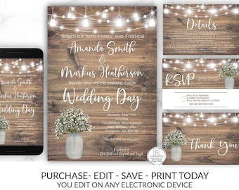 Printable Rustic Wedding Invitation, Country Wedding Invitation, Mason Jar, Instant Download, Wedding SET Suite, DIY Wedding Invite Template