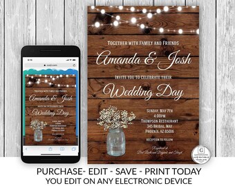 Rustic Wedding Invitation Printable, Country Wedding Invitation, Wedding Printable, Wedding Template, Email, Text, Smartphone Edit, Instant