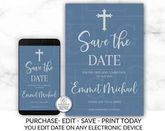 Blue Silver Rustic Save the Date First Communion Invitation Boy, First Communion Invitation First Communion Invitate Printable You Edit