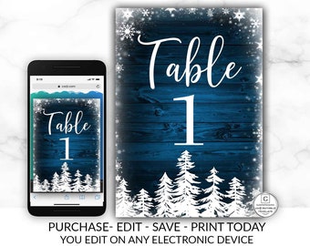 Printable Table Numbers, Winter Wedding Table Numbers, Rustic Table Numbers Template, Instant Download, Pine Tree, Snowflakes, Seating, DIY