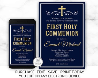 Navy Blue Gold Rustic First Communion Invitation Boy Boy First Communion Invitation First Communion Invitation Printable You Edit, DIY Edit