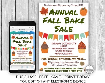 Fall Bake Sale Festival Flyer Template Invitation Editable Printable Thanksgiving Corn Maze Musical Event Fall Autumn Church Festival DIY