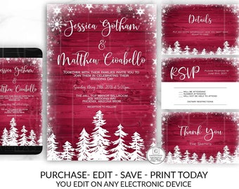 Snowflake Wedding Invitation, Editable Winter Wedding Invitation Template, Printable Wedding Invite, Pine Tree Invite, You Edit Instantly