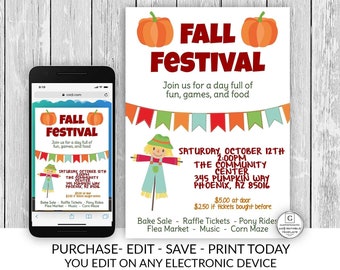 Fall Festival Flyer Template Invitation Editable Printable Thanksgiving Musical Event Corn Maze Fall Autumn Church Festival Bake Sale DIY