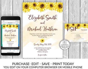 Sunflower Wedding Invitation Template Set, Instant Download, Editable, Printable, You Edit Set, Country Vintage Sunflower, Rustic, Barnyard