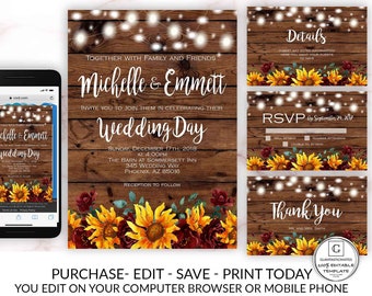 Sunflower Burgundy Merlot Rustic Wedding Invitation Template Set Instant Download Editable Printable You Edit Set, Country Vintage Sunflower