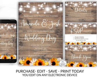 White Daisy Sunflower Wedding Invitation, Printable Rustic Wedding, DIY Wedding, Mason Jar invitation, Country Farmhouse, Sunflower Template