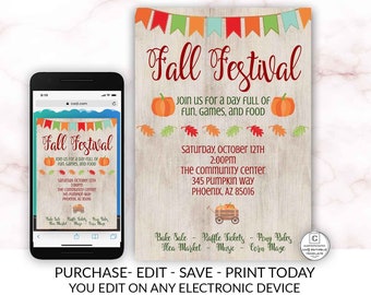 Fall Festival Flyer Template Invitation Editable Printable Thanksgiving Corn Maze Musical Event Fall Autumn Church Festival Bake Sale DIY