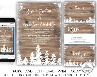 Winter Wedding Invitation Printable, Editable Wedding Invitation, Snowflake Wood Pine Tree Wedding Invitation Template, DIY Instant Download