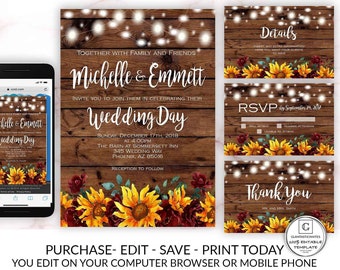 Editable Sunflower Wedding Invitation, Rustic Wedding Invitation Template, Online Electronic Smartphone Editable Template, Wedding Printable