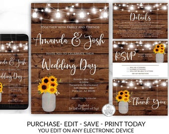 Printable Rustic Wedding Invitation, Country Wedding Invitation, Sunflower Wedding, Wedding Invitation Suite, Wedding Invitation Template