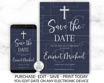 Navy Blue Silver Rustic Save the Date First Communion Invitation Boy, First Communion Invitation First Communion Invitate Printable You Edit