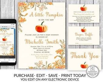 Pumpkin Baby Shower Invitation Set Template Fall Thanksgiving Pumpkin Printable Editable Online Electronic Textable Books for Baby Diaper