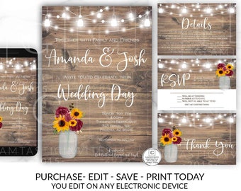 Fall Sunflower Burgundy Rustic Wedding Invitation Printable, Country Wedding Invitation, Digital file, Printable Mason Jar, Instant Download