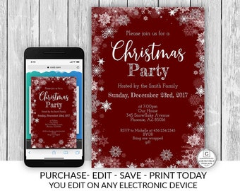 Editable Red Christmas Party Invitation Template Holiday Company Party Country Winter Online Textable Electronic Email Snowflake Burgundy