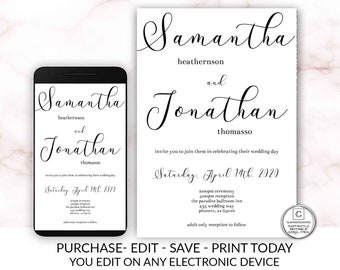 Simple Modern Wedding Invitation, Wedding Invitation Template, Black Calligraphy Script, Printable Wedding Invitation, Editable, Minimalist