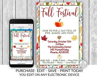 Fall Festival Flyer Template Invitation Editable Printable Thanksgiving Corn Maze Musical Event Fall Autumn Church Festival Bake Sale DIY