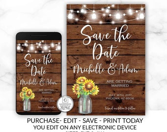 Rustic Sunflower Save-The-Dates, Printable Rustic Save the Date Postcard, Save the Date, Rustic Wedding, Printable Save the Date Template