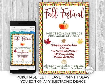 Fall Festival Flyer Template Invitation Editable Printable Thanksgiving Corn Maze Musical Event Fall Autumn Church Festival Bake Sale DIY