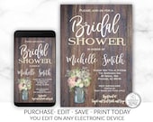 Rustic Bridal Shower Invitation Template, Rustic Invitation, Editable,Printable, Shower Template, Bridal Shower Invitation, INSTANT DOWNLOAD Il_170x135