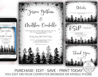 Winter Wedding Invitation Set, Pine Forest Wedding Template, Printable Wedding Invitation, Instant Download, Snowflake, DIY Christmas Invite
