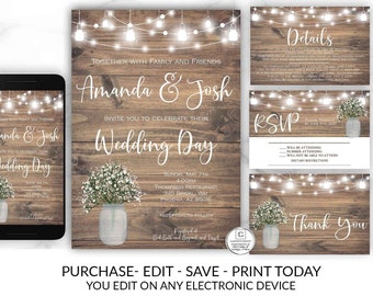 Printable Rustic Wedding Invitation, Country Wedding Invitation, DIY Instant Download, Wedding Invitation Suite, Wedding Invitation Template