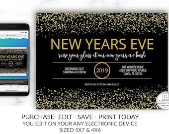 Personalizable New Years Eve Invitation, Black Gold New Years Eve Invite Template, Editable 2020, DIY, Instant Download, NYE Text Invite