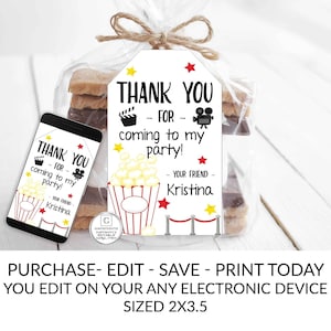 Personalizable Movie Party Thank You Favor Tags, Editable Thank You Tag, Printable Thank You Template, Movie Night Tags, DIY Birthday Party