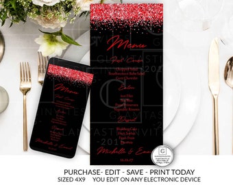 Wedding Menu Card Template, Black and Red Menu Template, Rack Card, DIY Wedding, Instant Download, Black, Red, Printable, Editable, Glam