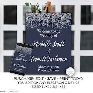 Silver Navy Blue Diamond Wedding Welcome Sign Elegant Editable Printable Modern Stylish DIY Template, DIY, Welcome Sign, Wedding, Glitter image 1