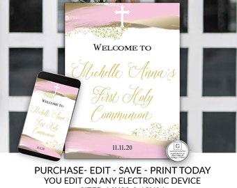 Pink Gold Girl First Communion Welcome Sign Printable Editable Welcome Sign Template 1st Communion Girl Welcome Sign, Personalizable, Cross