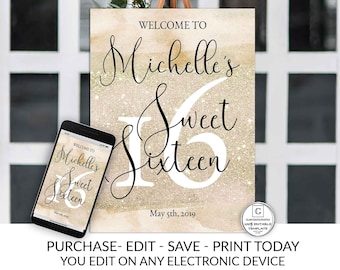 Sweet Sixteen Welcome Sign Gold 16th Birthday Welcome Sign Template Editable Printable Welcome Sign DIY Sweet Sixteen Surprise Birthday, 16