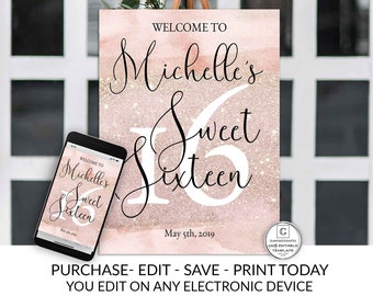 Sweet Sixteen Welcome Sign Rose Gold 16th Birthday Welcome Sign Template Editable Printable Welcome Sign DIY Sweet Sixteen Surprise Birthday