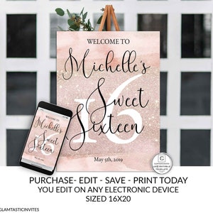 Sweet Sixteen Welcome Sign Rose Gold 16th Birthday Welcome Sign Template Editable Printable Welcome Sign DIY Sweet Sixteen Surprise Birthday