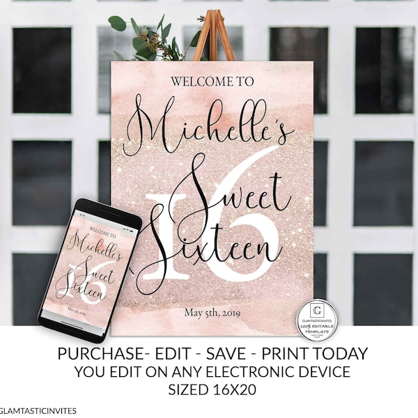 Sweet Sixteen Welcome Sign Rose Gold 16th Birthday Welcome Sign Template Editable Printable Welcome Sign DIY Sweet Sixteen Surprise Birthday