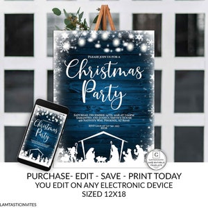 Editable Nativity Rustic Christmas Party Poster Sign Template Holiday Company Party Winter Online Cheap Textable Electronic Email DIY Snow