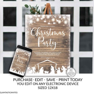 Editable Nativity Rustic Christmas Party Poster Sign Template Holiday Company Party Winter Online Cheap Textable Electronic Email DIY Snow image 1