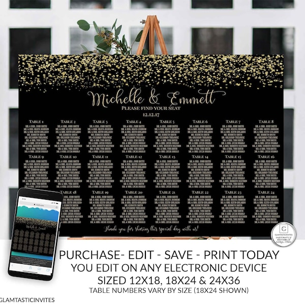 Black and Gold Seating Table Chart Template, Gold Glitter, Gold Wedding Template, Black and Gold Template, Instant Download, DIY, Black,Gold