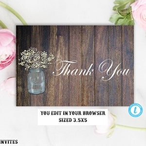 Rustieke Dank u kaart sjabloon, digitaal bestand, Instant Download, Rustieke Mason Jar Bedankt Kaart, Bruiloft Dank u Kaart, Instant Download