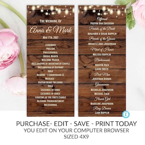 Rustiek Wedding Program, Wedding Program, Rustieke Kaart, Rustieke Bruiloft, Digitale Kaart, Afdrukbare Kaart, String Lights, Rustiek, INSTANT DOWNLOAD