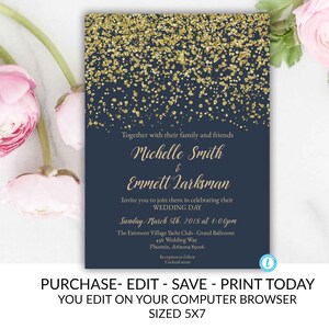 Navy Blue and Gold Wedding Invitation, Wedding Invitation Template, Elegant Wedding Invitation, Wedding Invitation, YOU EDIT, Navy, Gold DIY